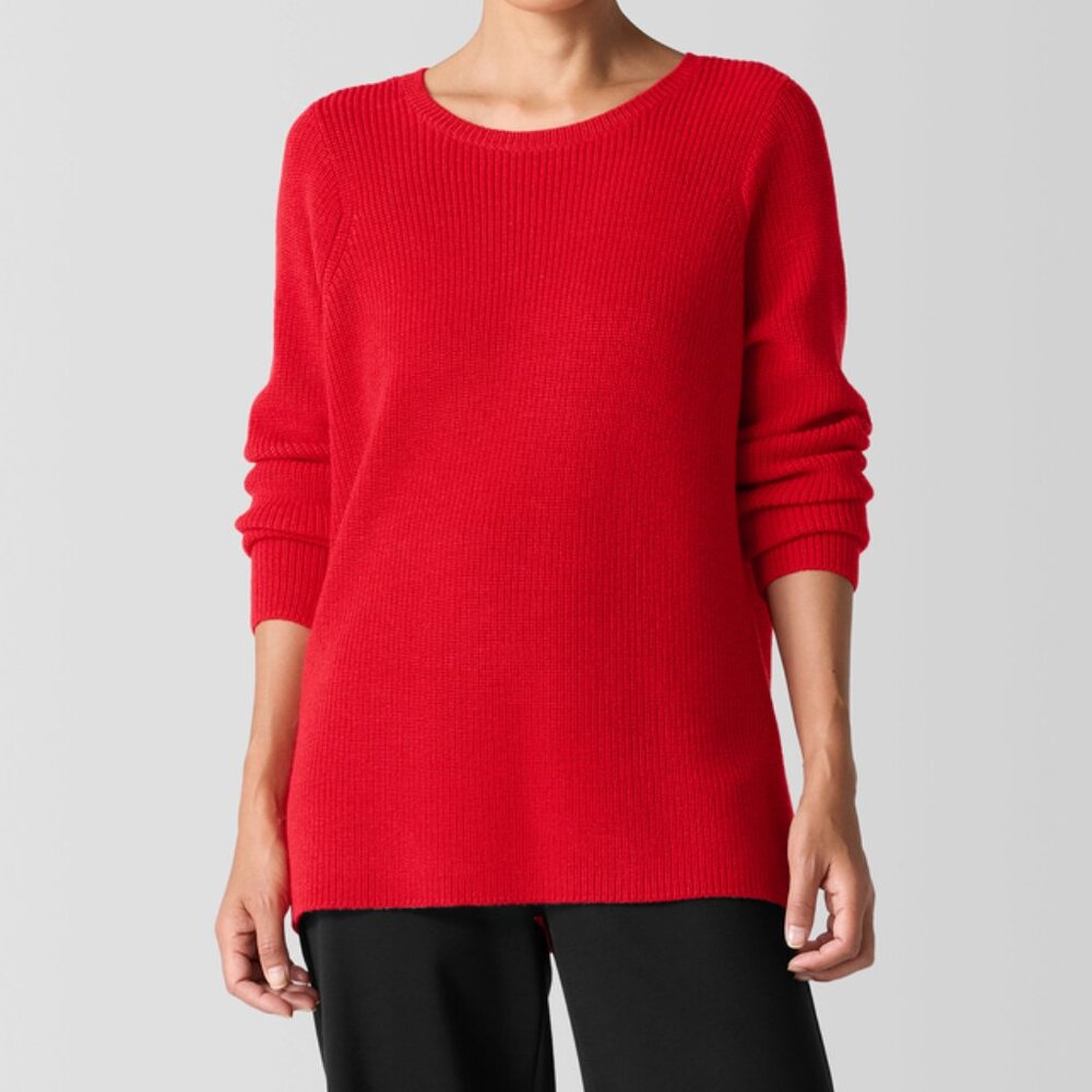 NWT Eileen Fisher RED POPPY Merino Crew Neck Top in Regenerative Wool